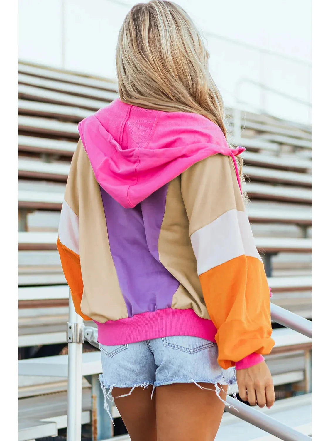 Women Drawstring Color Block Zip Up Long Sleeve Hoodie