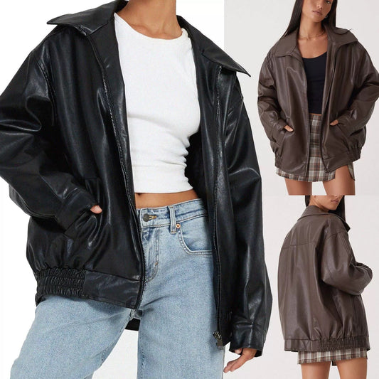 Spring And Autumn European And American Leather Jacket Locomotive Style Loose Top Coat Women