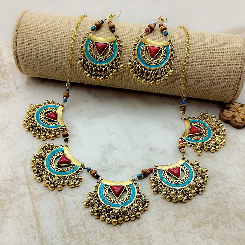 Women's Vintage Metal Indian Necklace And Earrings Suite