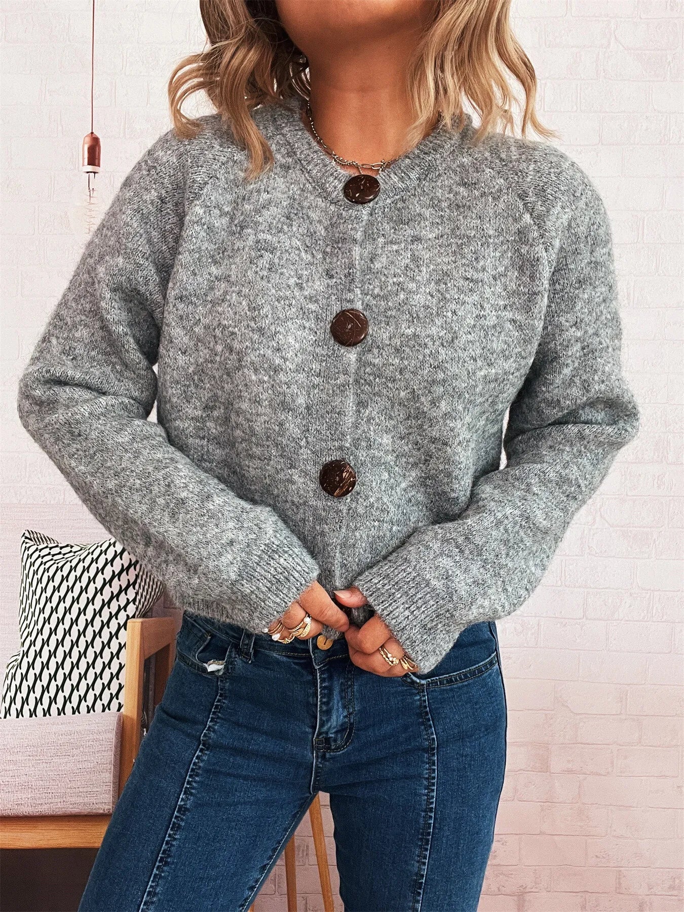 Women Button-Up Raglan Sleeve Cardigan Sweater