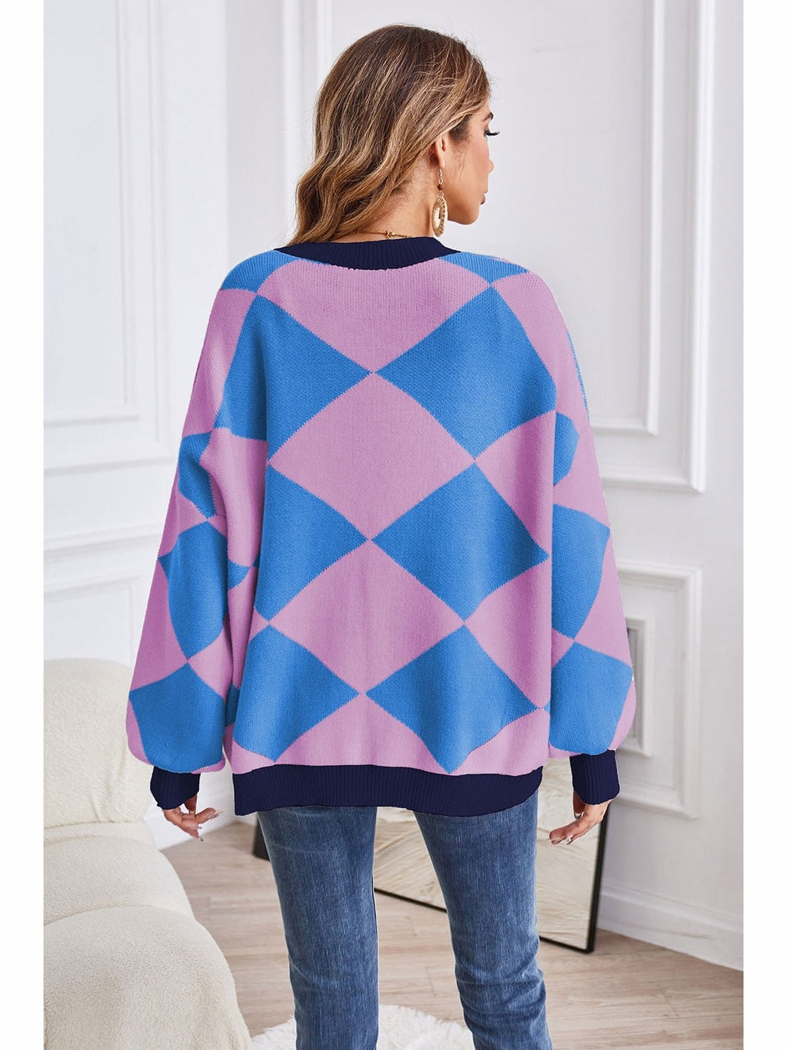 Women Geometric Lantern Sleeve Cardigan with Pockets