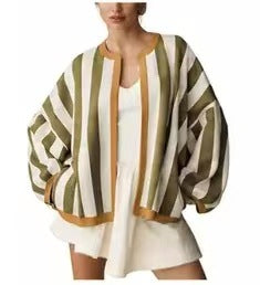 2026 Color Block Striped Plus Size Loose Lantern Sleeve Autumn Winter Thin Sun Protective Cardigan 2026 Autumn New Product
