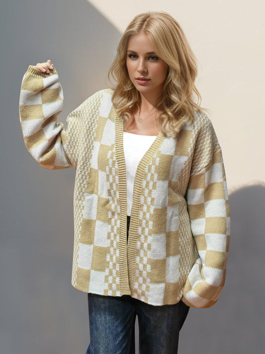 Women Double Take Checkered Open Front Dropped Shoulder Cardigan