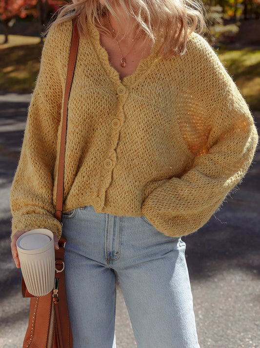 Women Lantern Sleeve Scallop V Neck Buttoned Front Cardigan Sweater