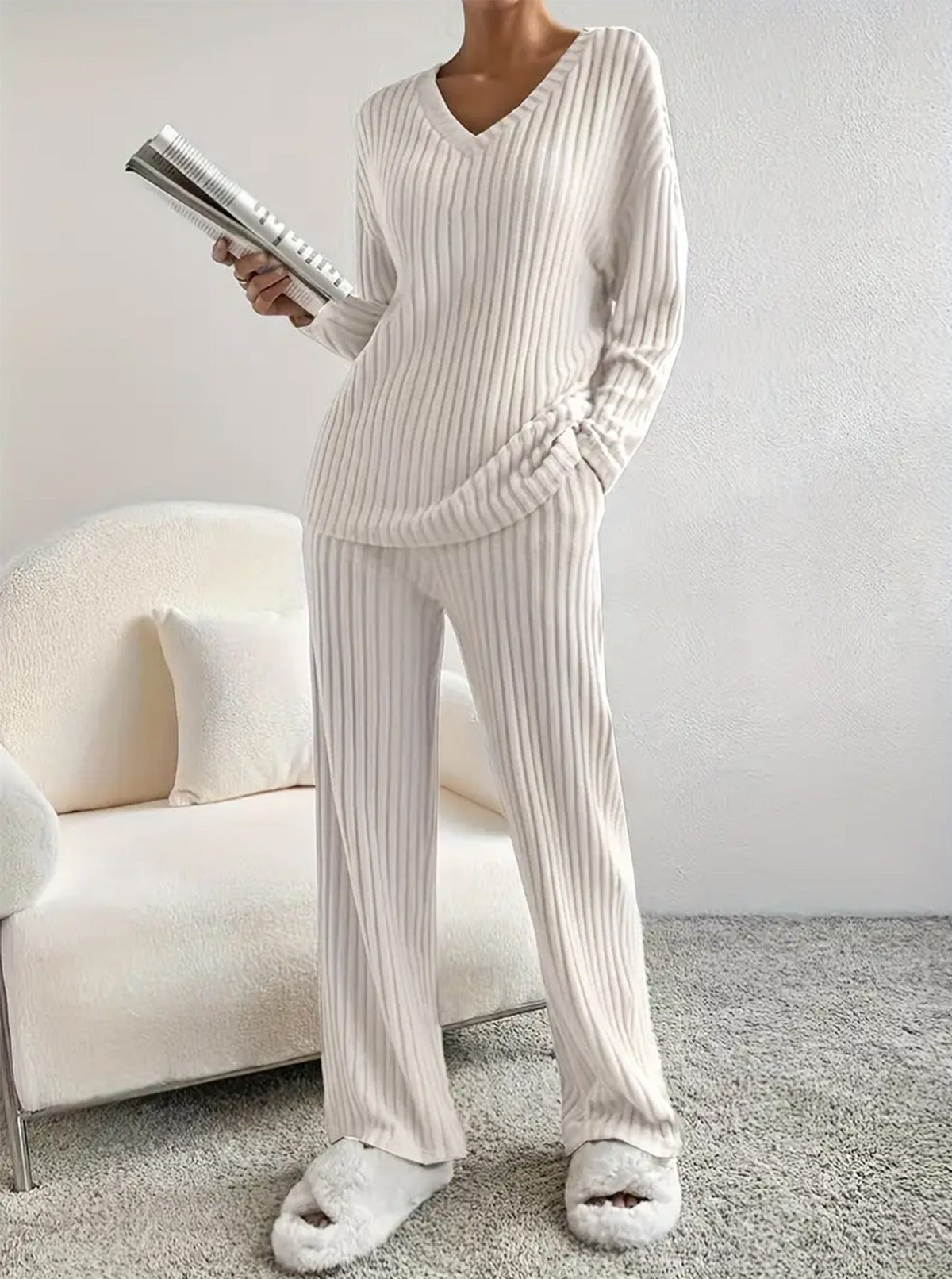 2026 Fall Winter New Arrival TwoPiece Outfit,Elegant Loose VNeck Knit Set With StraightLeg Pants