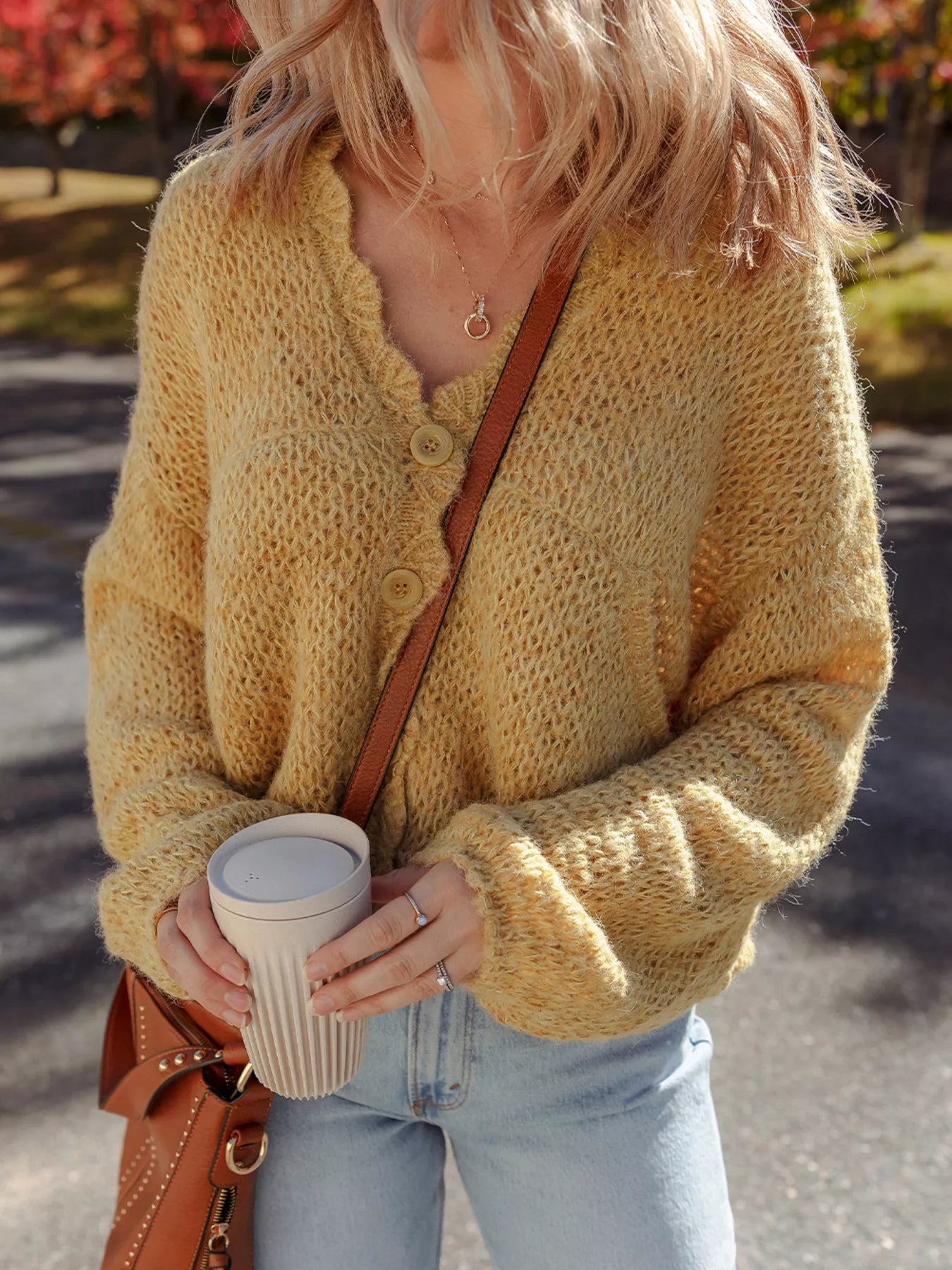 Women Lantern Sleeve Scallop V Neck Buttoned Front Cardigan Sweater