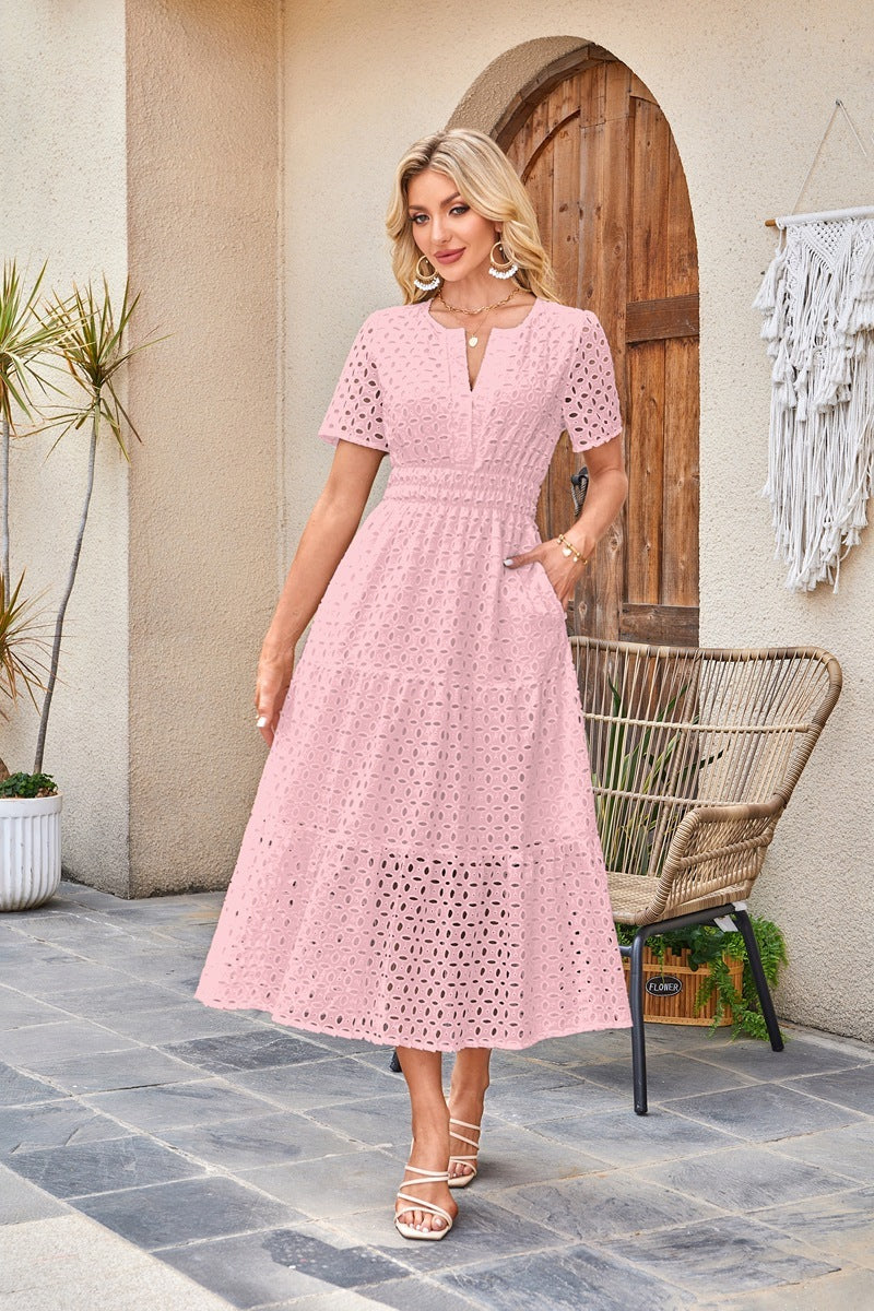 V-neck Hollow Pleated Short Sleeves Long Dress