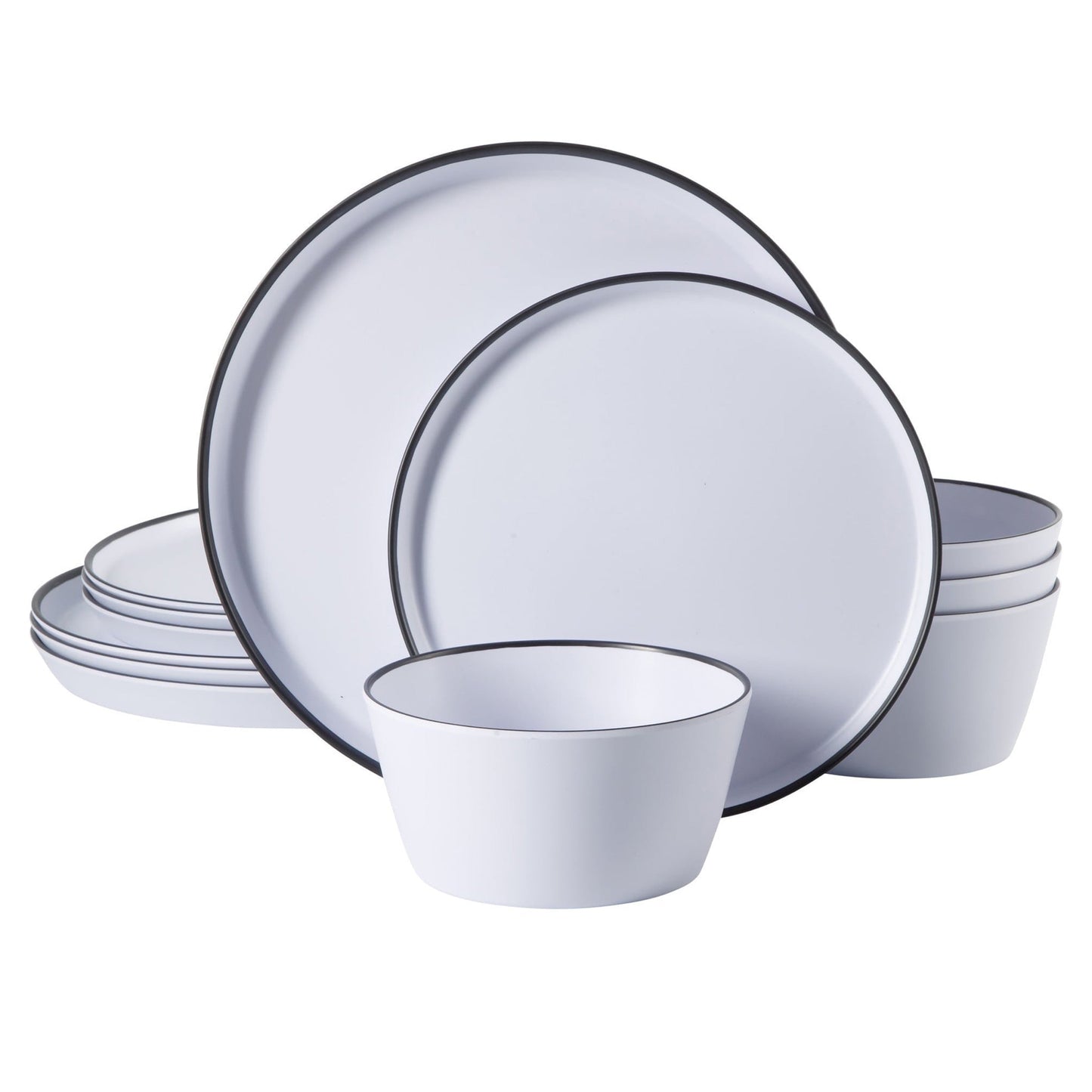 Gibson Home Folsom Shores 12 Piece Melamine Dinnerware Set in White w/ Black Rim
