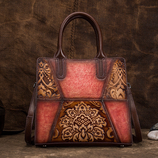 Vintage Tree Embossed Leather Handbag - First Layer Cowhide Retro Women's Purse with Floral Hand-Painting (25x23x11cm)