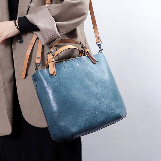 Vintage First-Layer Cowhide Mother & Child Handbag - Retro Dumpling-Style Leather Tote with Genuine Leather Lining (30x26x11cm)Vintage First-Layer Cowhide Mother & Child Handbag - Retro Dumpling-Style Leather Tote with Genuine Leather Lining (30x26x11cm)