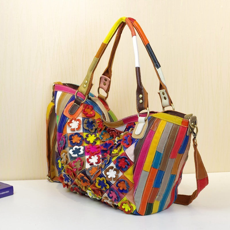 Vibrant Floral Leather Shoulder Bag – Bold Contrast & Street Fashion