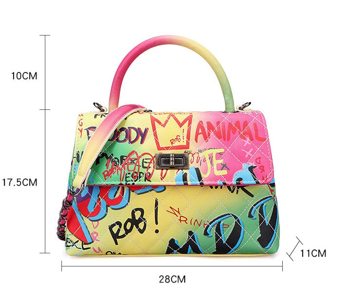 LadyShow Graffiti Print Handbag for Women - PU Leather Artistic Letter Print Shoulder Bag with Lock Closure (Medium-Soft, Hard Handle)