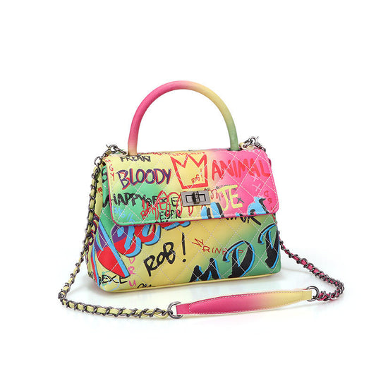 LadyShow Graffiti Print Handbag for Women - PU Leather Artistic Letter Print Shoulder Bag with Lock Closure (Medium-Soft, Hard Handle)