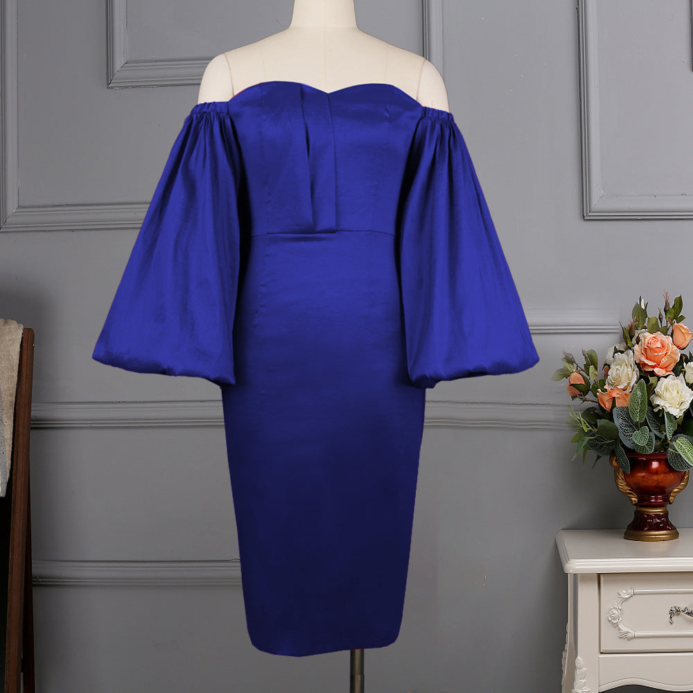 Sexy Tube Top Strapless Lantern Sleeves High Waist Plus Size Slim Party Dress