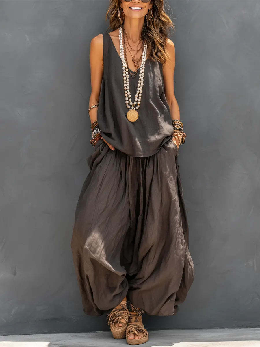 Womens Solid-Colored Casual Sleeveless Tank Top And Wide-Leg Pants Cotton-Linen Set