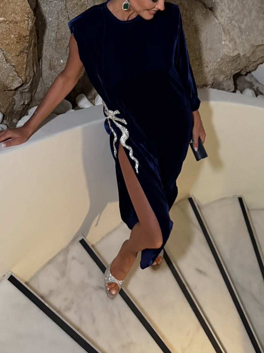 Navy Blue Velvet Gown With White Bow And High Slit Detail
