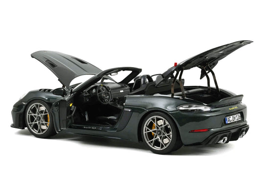 2023 Porsche 718 Spyder RS Weissach Pack Forest Green Metallic with Carbon Hood Stripes 1/18 Diecast Model Car by Norev