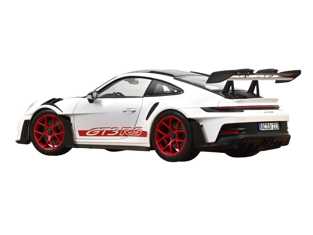 2022 Porsche 911 GT3 RS with Weissach Pack White with Carbon Hood and Top and Pyro Red Stripes and Wheels 1/18 Diecast Model Car by Norev