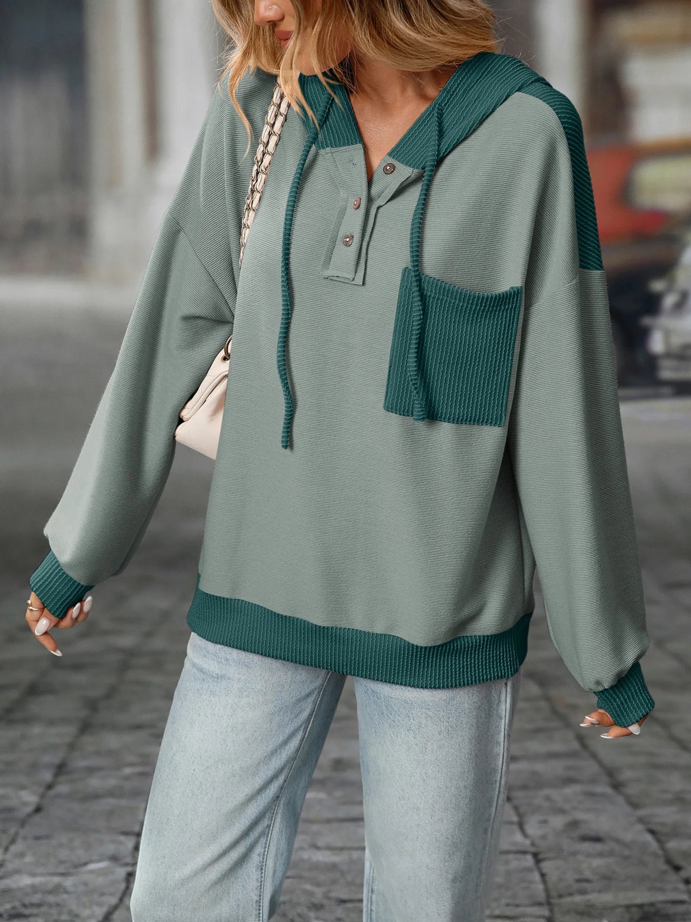 Drawstring Button Detail Long Sleeve Hoodie