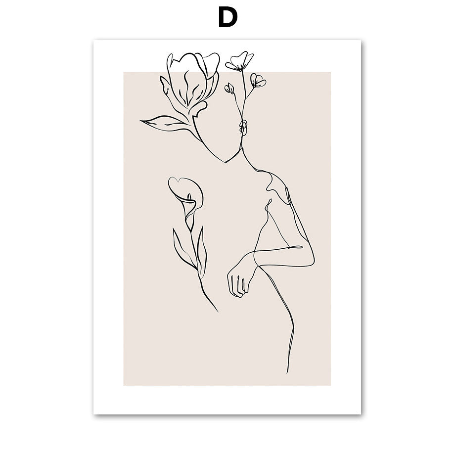 Abstract Female Wall Art Canvas Floral Line Drawing Nordic Poster