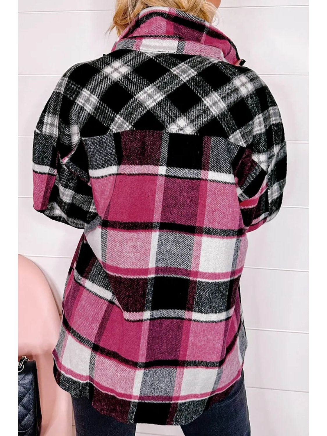 Women Pocketed Plaid Collared Neck Long Sleeve Shacket