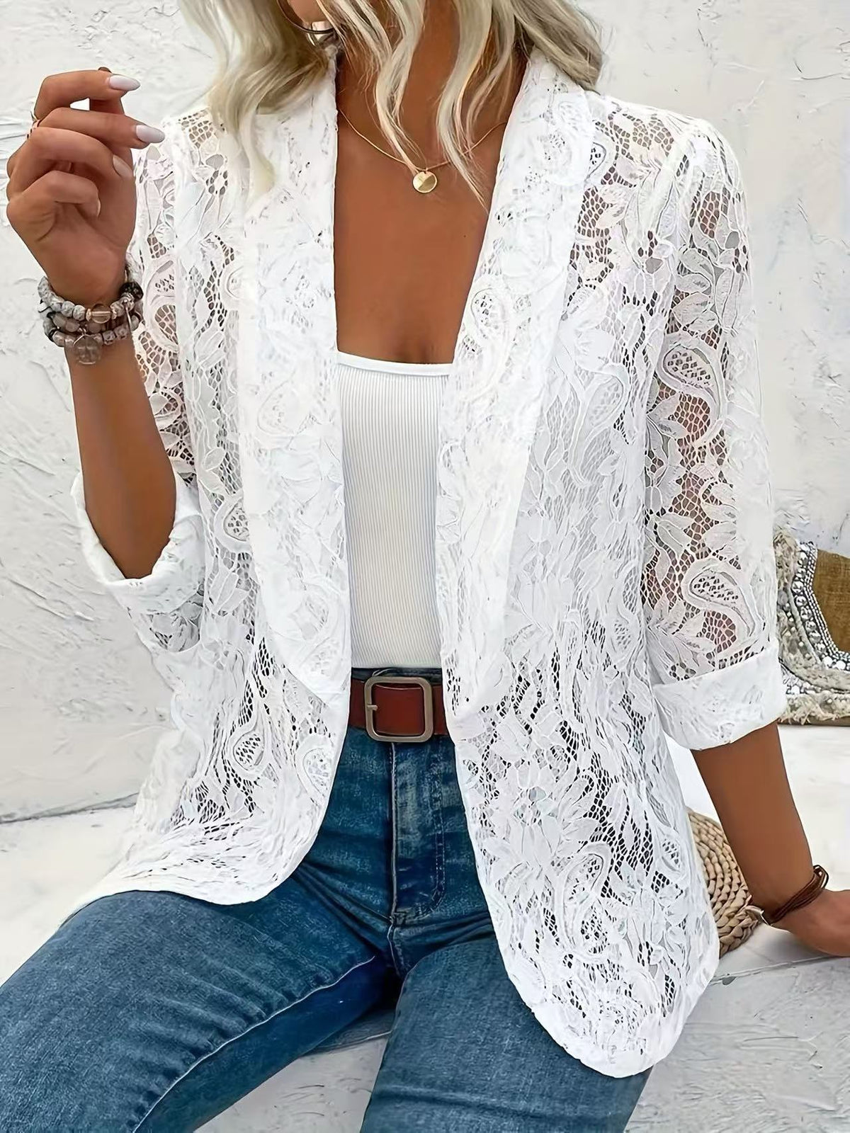 2026 Cross-border European And American Spring And Autumn Floral Lace Elegant Lapel Long-sleeved Suit Jacket