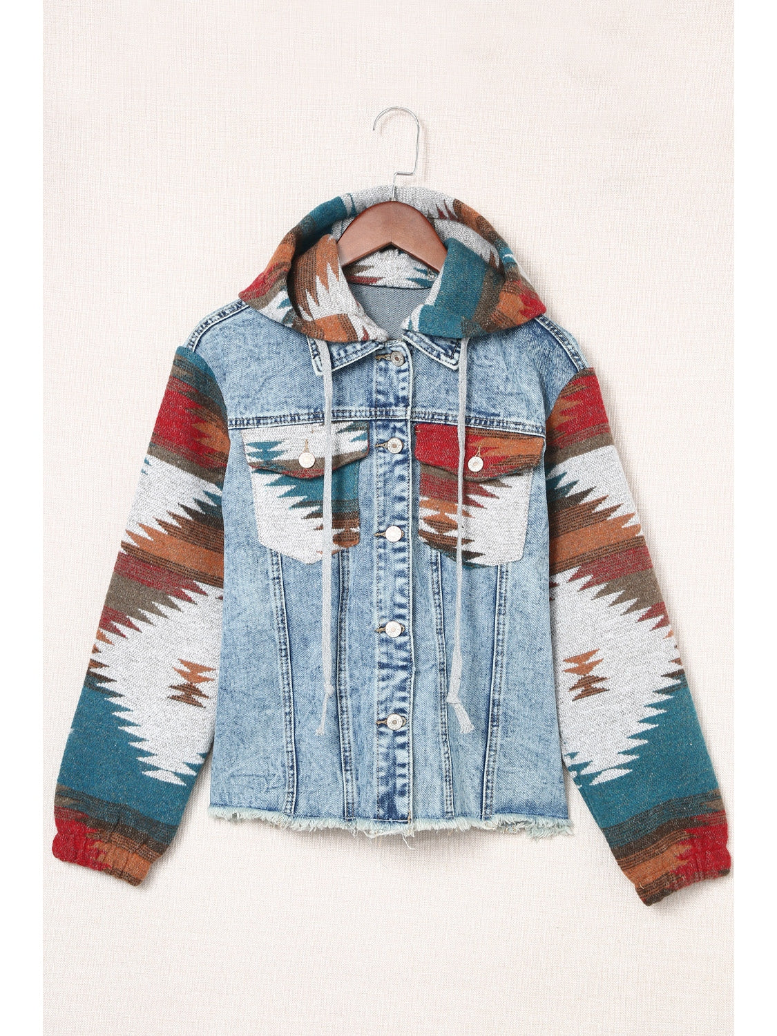 Women Drawstring Hooded Pocketed Denim Jacket
