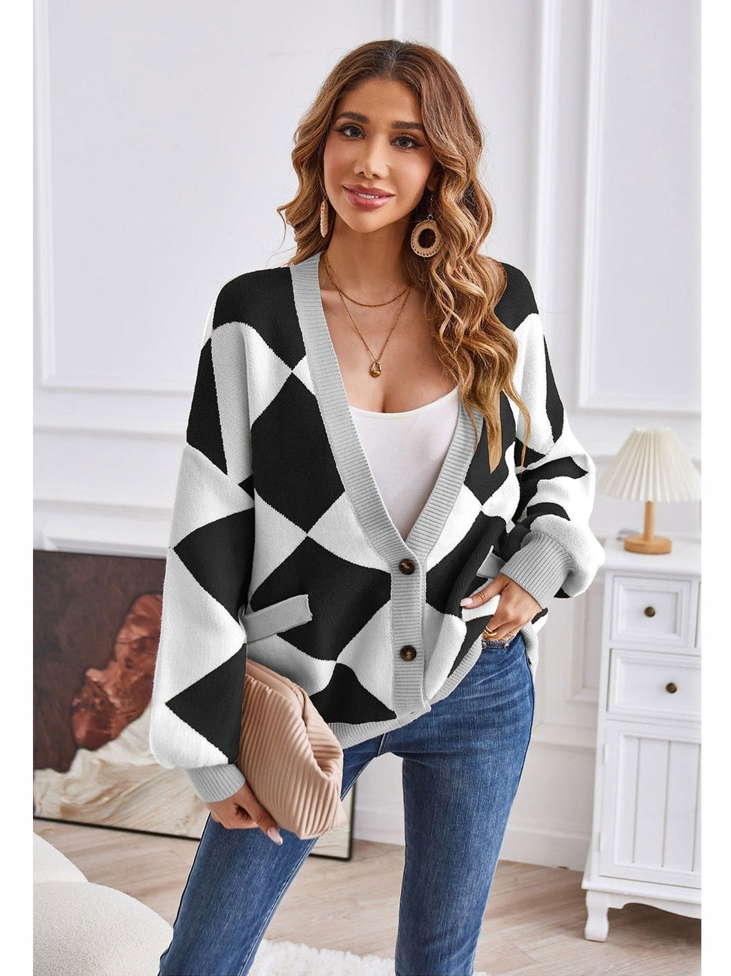 Women Geometric Lantern Sleeve Cardigan with Pockets