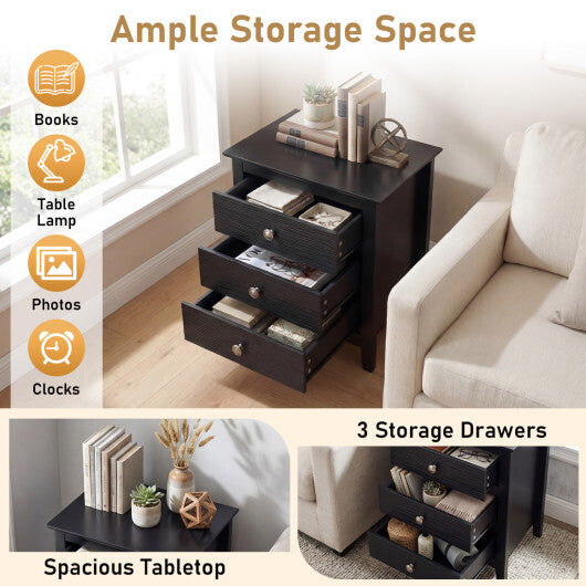 Modern Farmhouse 3-Drawer Night Stand with Wood Grain Accents for Bedroom-Black