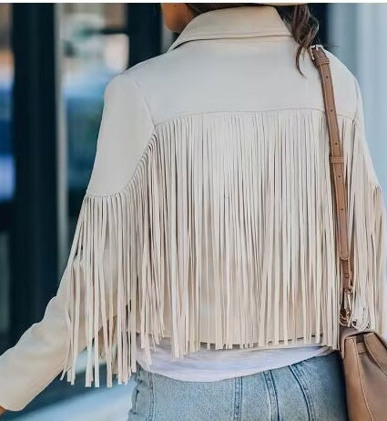 Women's Slim Top Long Sleeve Printed Tassel Jacket