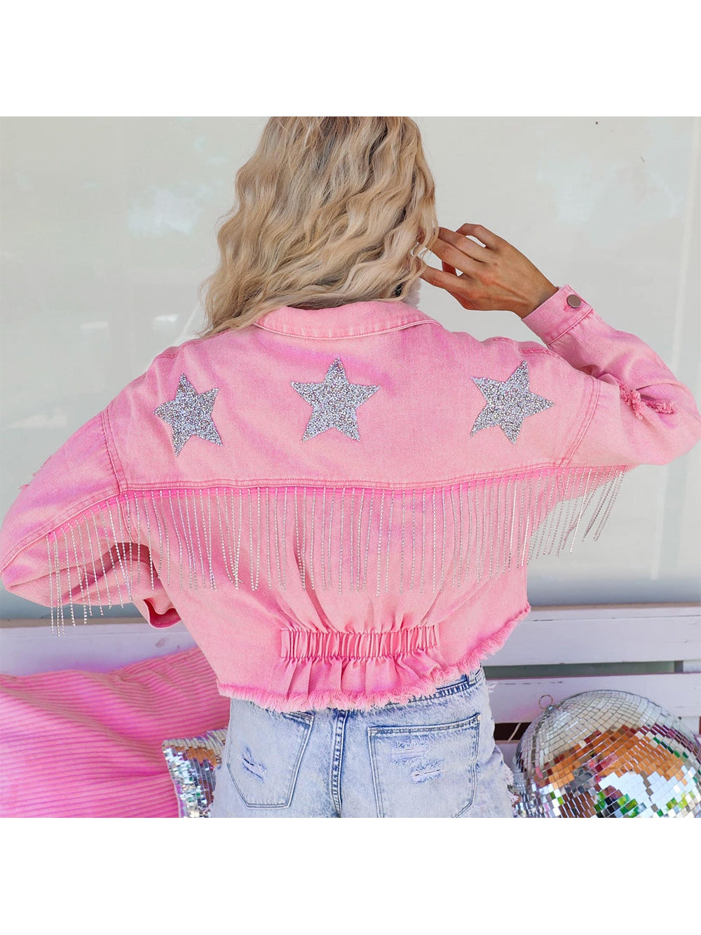 Distressed Raw Hem Dropped Shoulder Denim Jacket