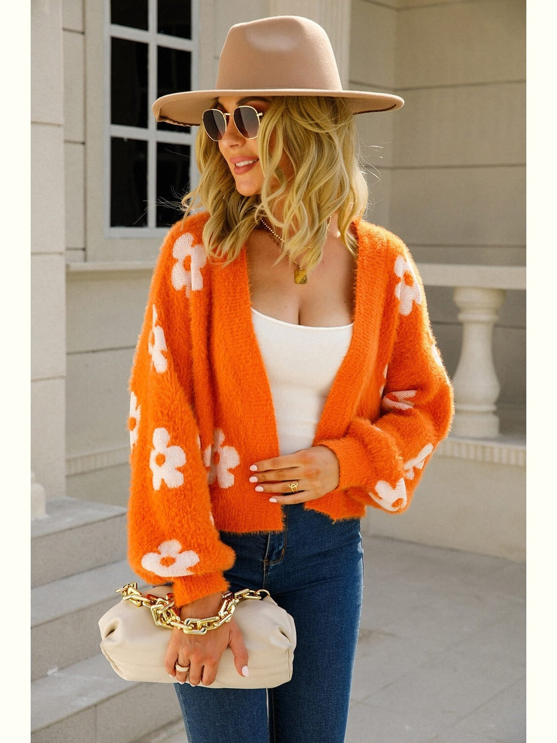 Women Floral Open Front Fuzzy Cardigan Sweater