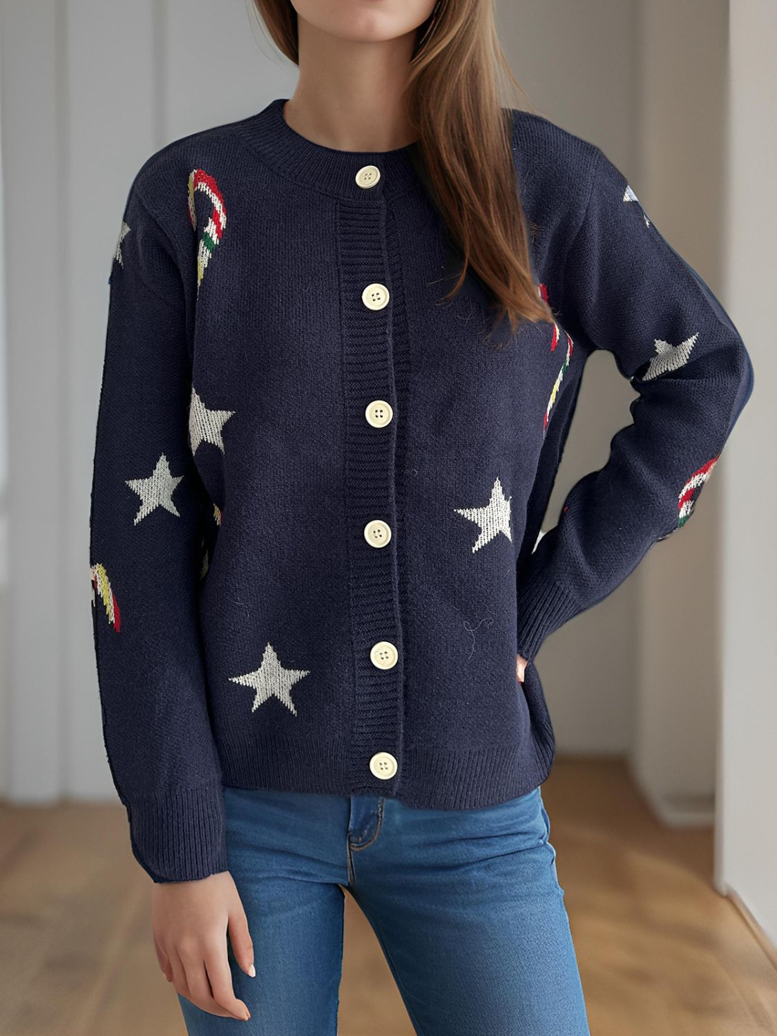 Women Candy Cane & Star Button Down Long Sleeve Christmas Cardigan