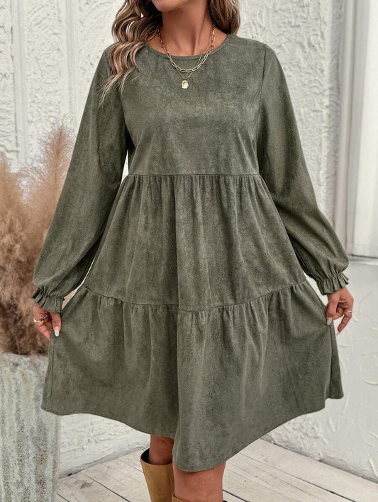Women's Casual Solid Color Ruffle Sleeve Midi Dress Spring And Autumn