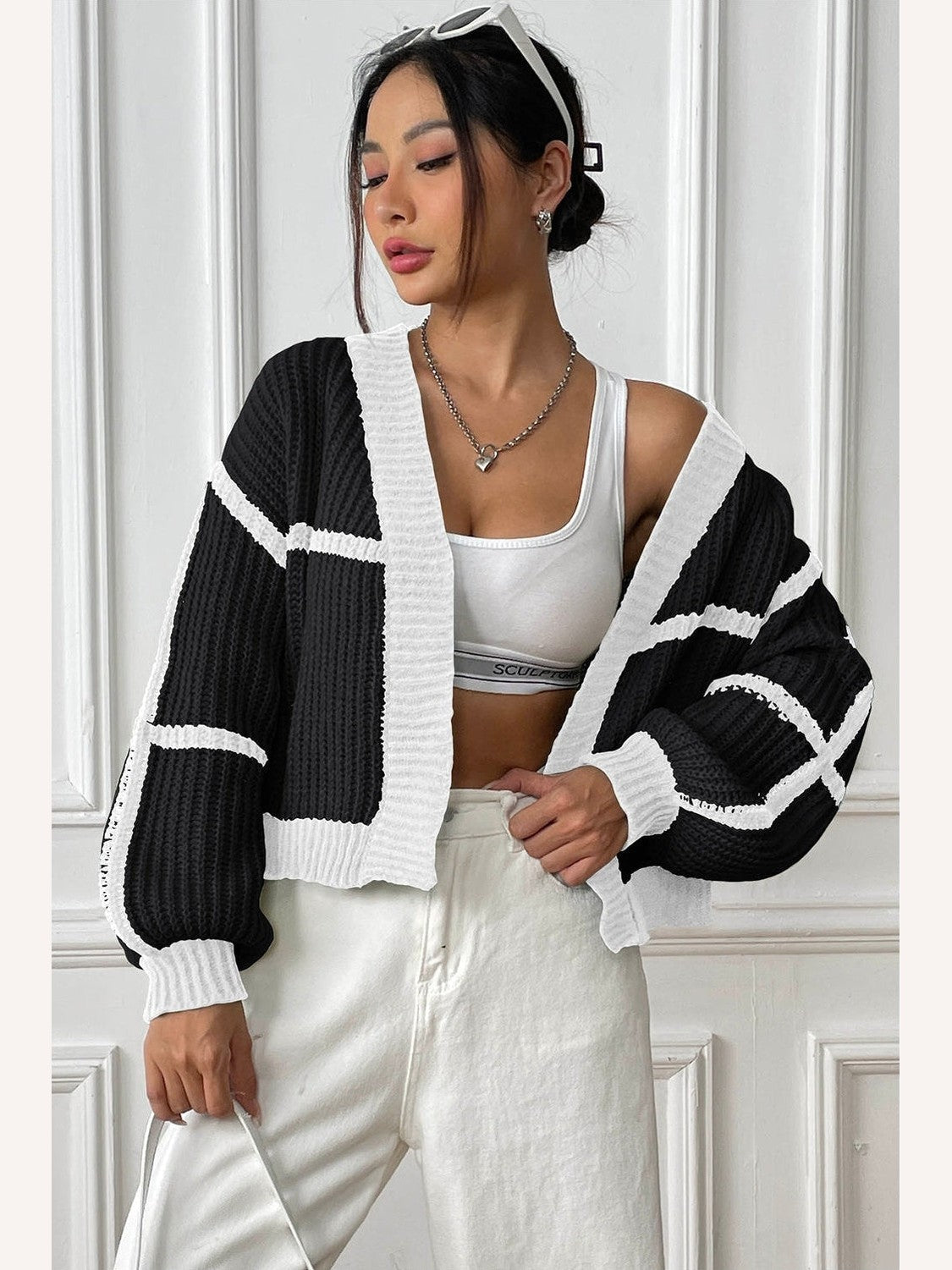 Women Contrast Open Front Long Sleeve Cardigan