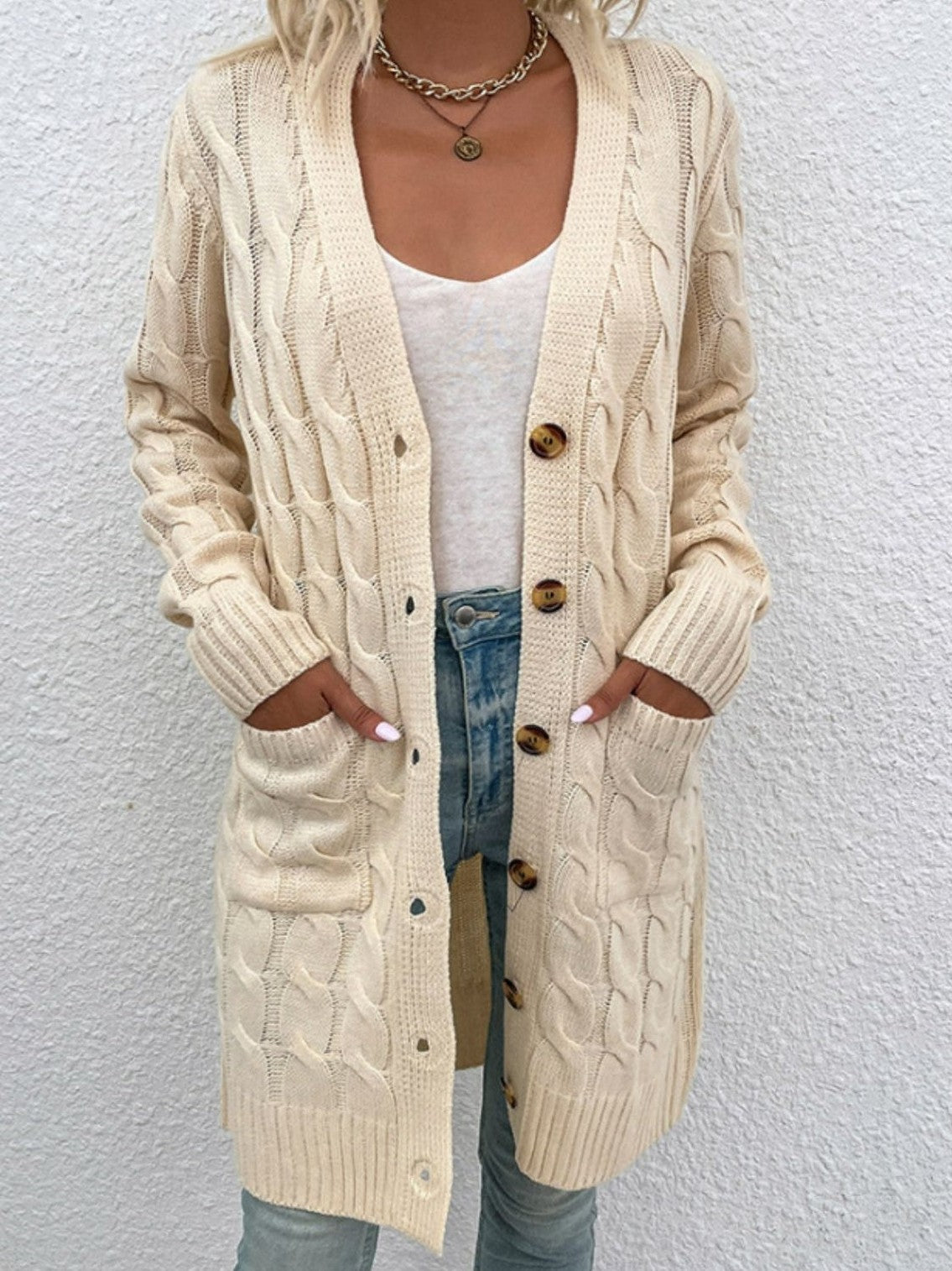 Women Cable-Knit Button Down Cardigan with Pockets