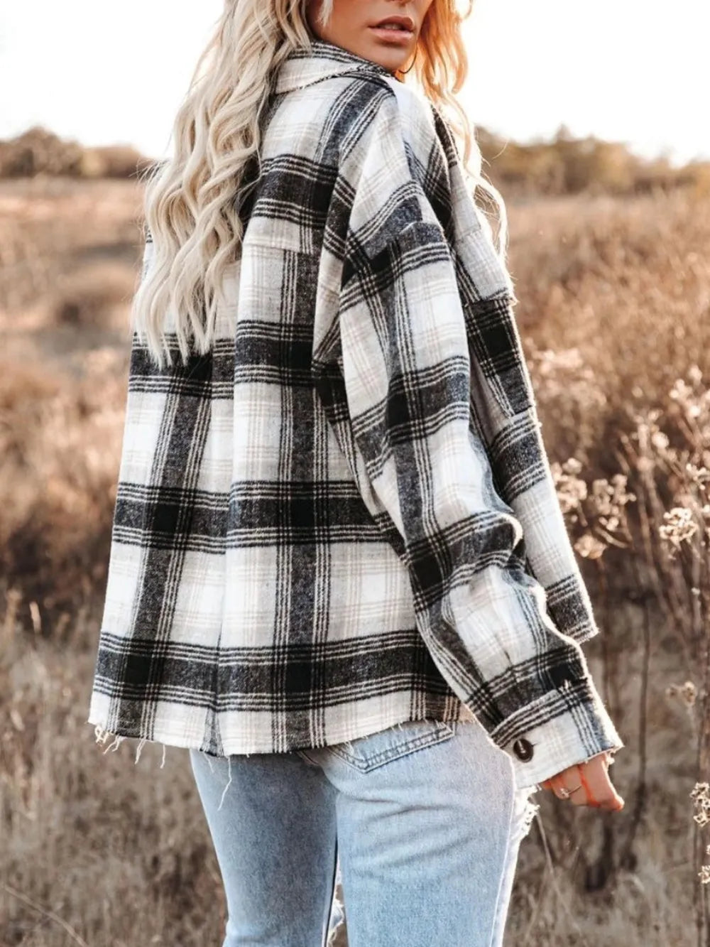 Women Pocketed Plaid Button Down Long Sleeve Shacket