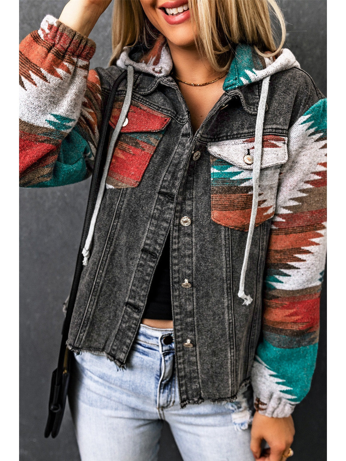 Women Drawstring Hooded Pocketed Denim Jacket