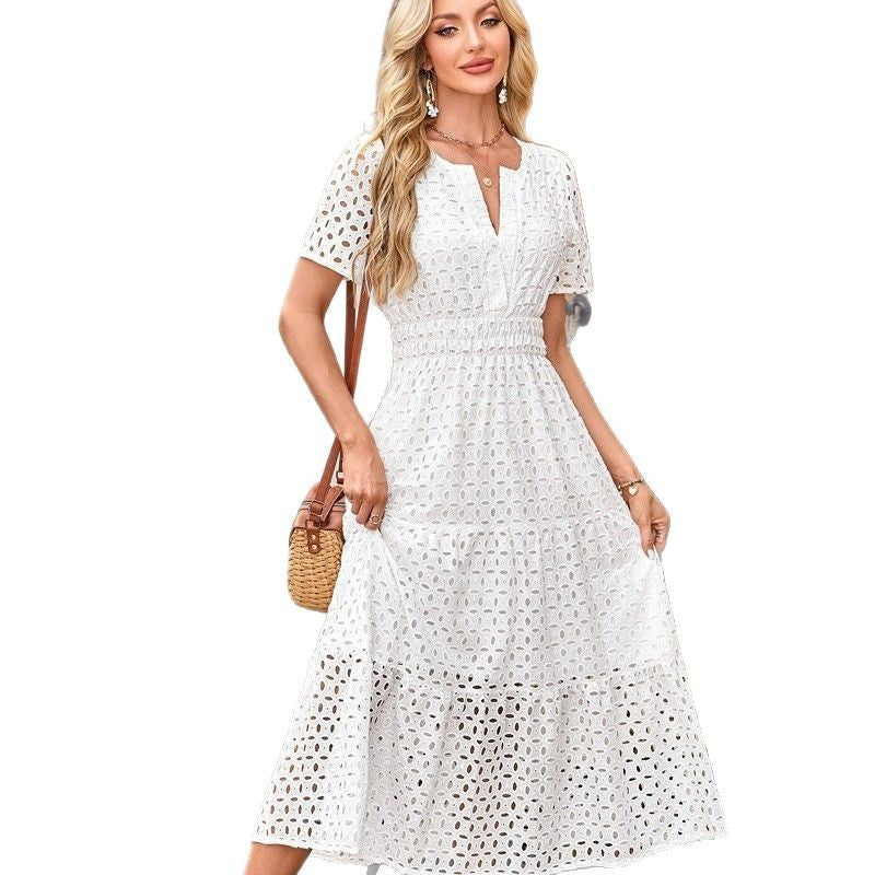 V-neck Hollow Pleated Short Sleeves Long Dress