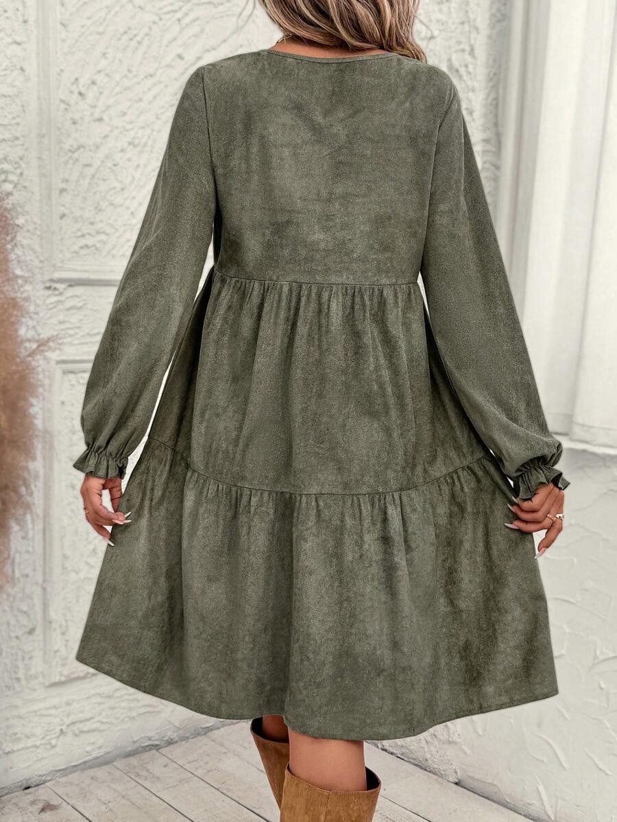 Women's Casual Solid Color Ruffle Sleeve Midi Dress Spring And Autumn
