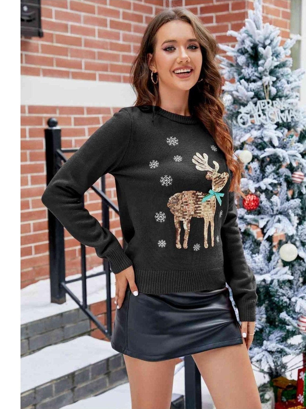 Women Sequin Reindeer Graphic Round Neck Christmas Sweater
