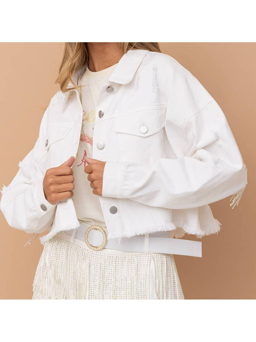 Distressed Raw Hem Dropped Shoulder Denim Jacket