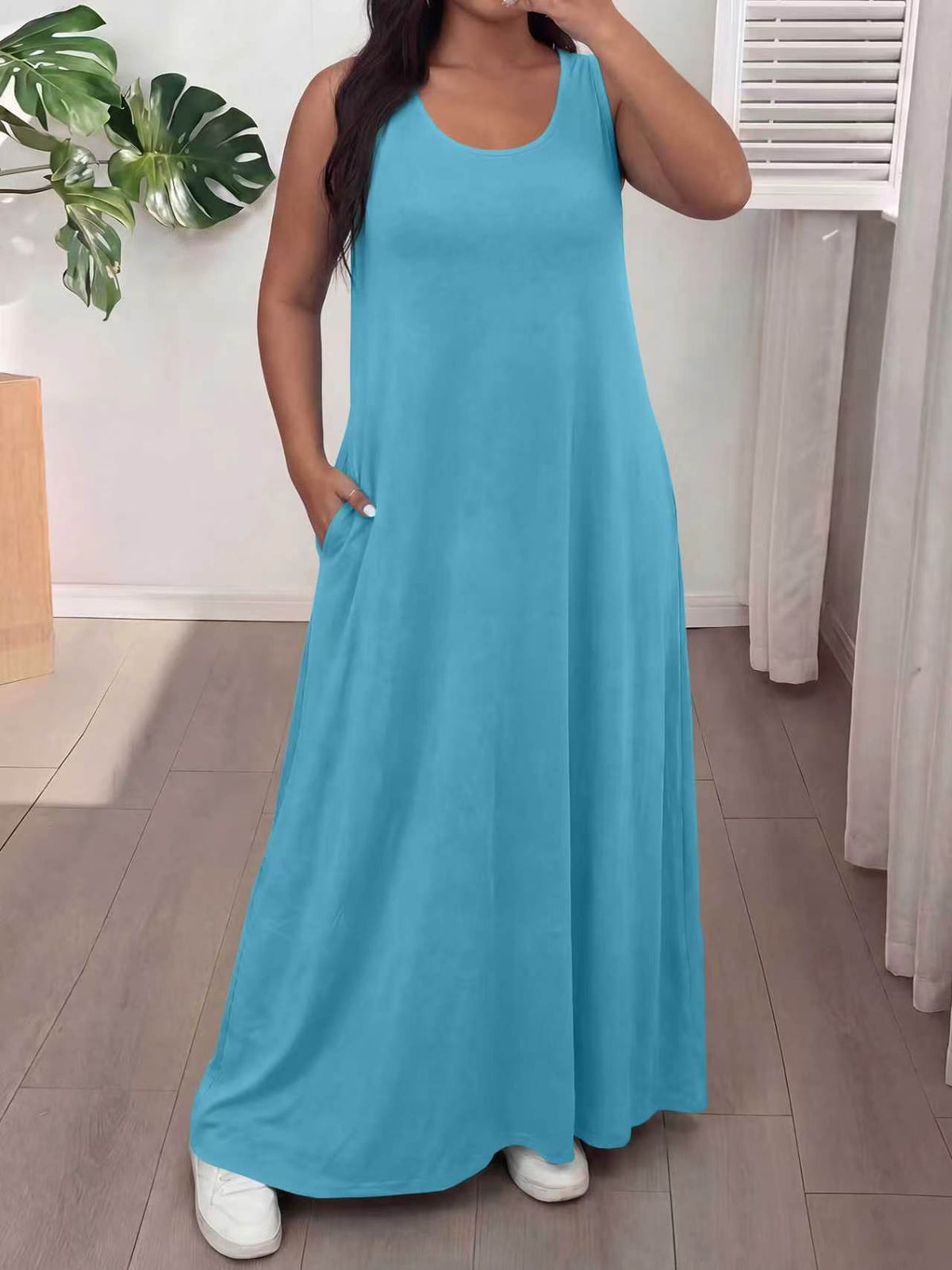 2026 Summer Womens Sleeveless Maxi Dress, U Neck Loose Casual Long Dress With Pockets