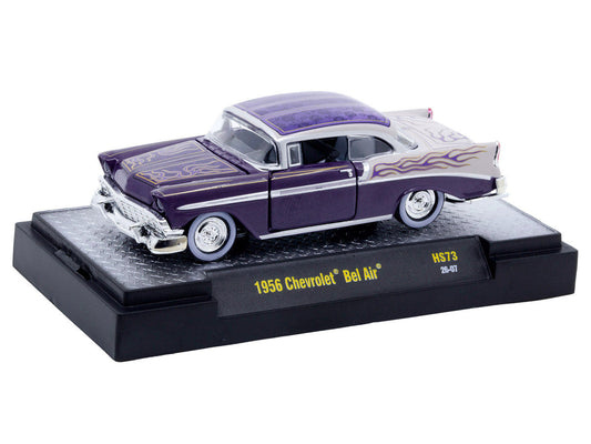 1956 Chevrolet Bel Air "Low and Slow" Purple Two-Tone with Graphics Limited Edition to 5500 pieces Worldwide 1/64 Diecast Model Car by M2 Machines
