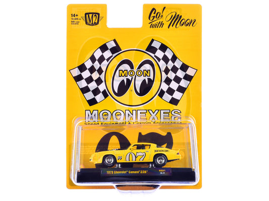 1979 Chevrolet Camaro Z/28 "MoonEyes" Yellow with Black Hood and Graphics Limited Edition to 10428 pieces Worldwide 1/64 Diecast Model Car by M2 Machines