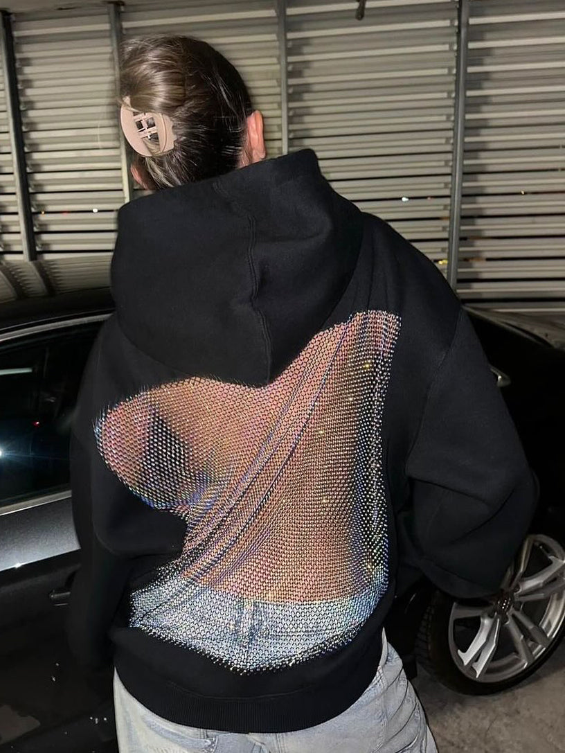 Casual Patchwork Mesh Diamond Hooded Sweatshirt