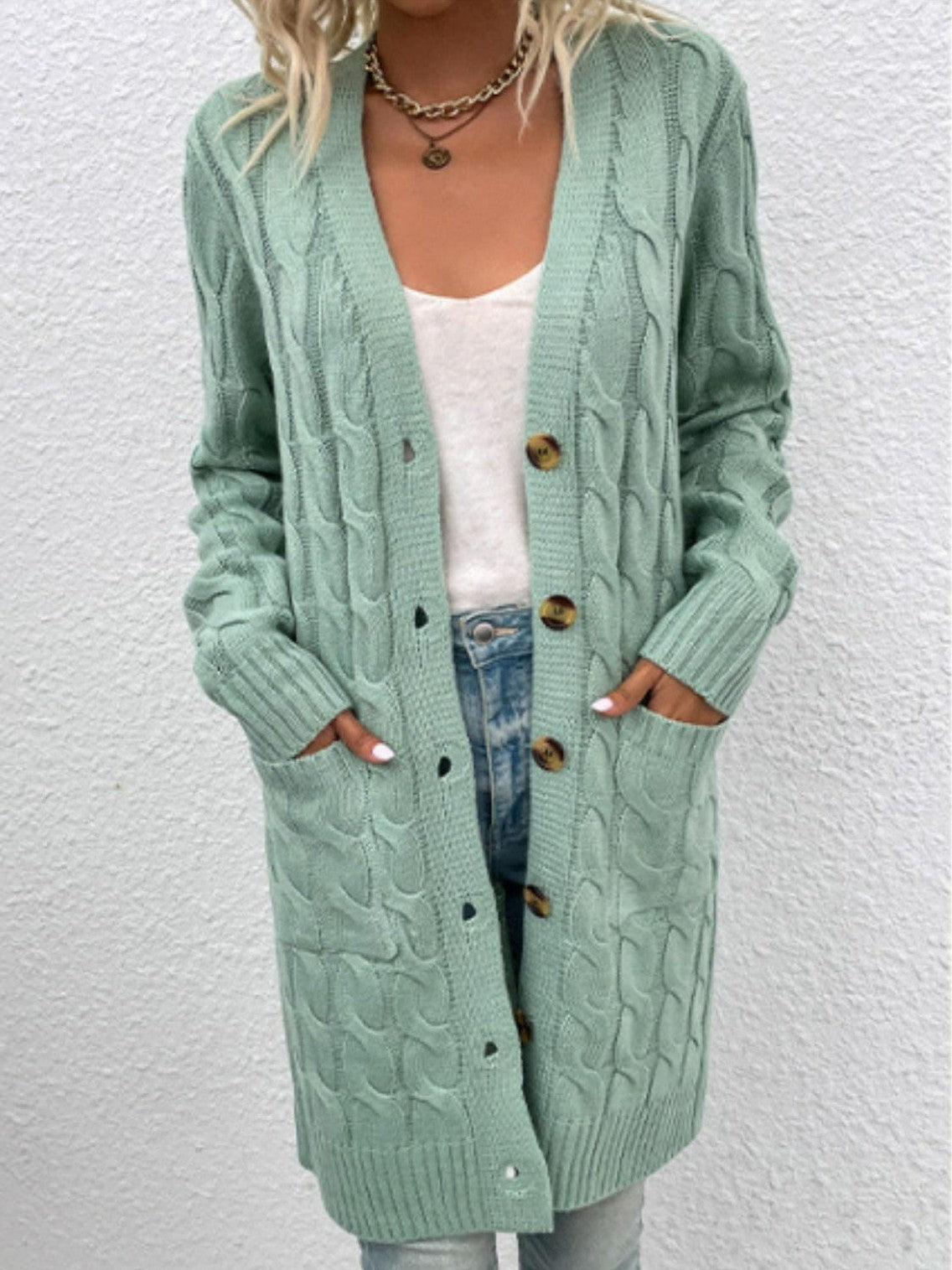 Women Cable-Knit Button Down Cardigan with Pockets