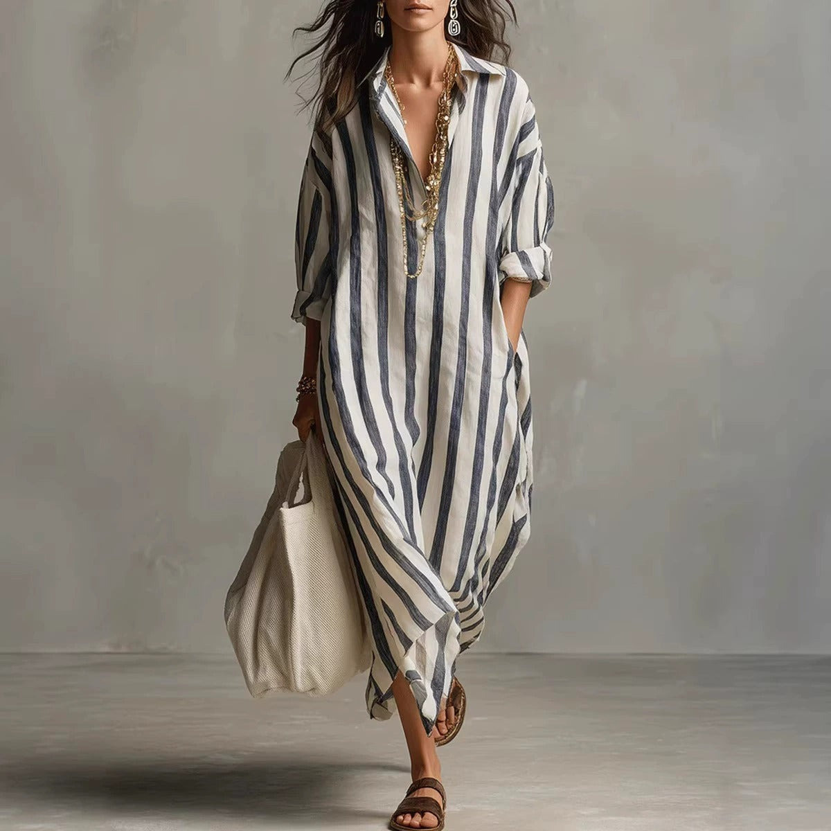 2026 Summer New Arrival, Women's Elegant Long Striped Dress With V-Neck