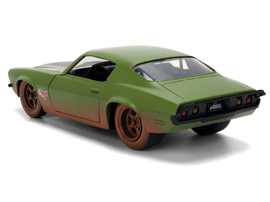 Dom's 1973 Chevrolet Camaro "F-Bomb" Matt Green (Dirty Version) with Black Hood Stripe "Fast & Furious" (2009) Movie "Fast & Furious 25 Years" Series 1/32 Diecast Model Car by Jada