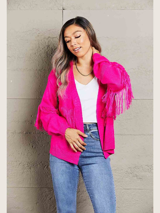 Women Double Take Fringe Trim Open Front Cardigan Sweater